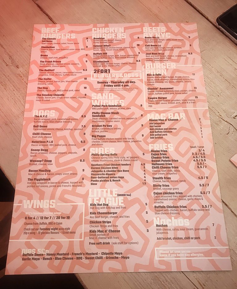 NYC bar and Grill Glasgow menu 