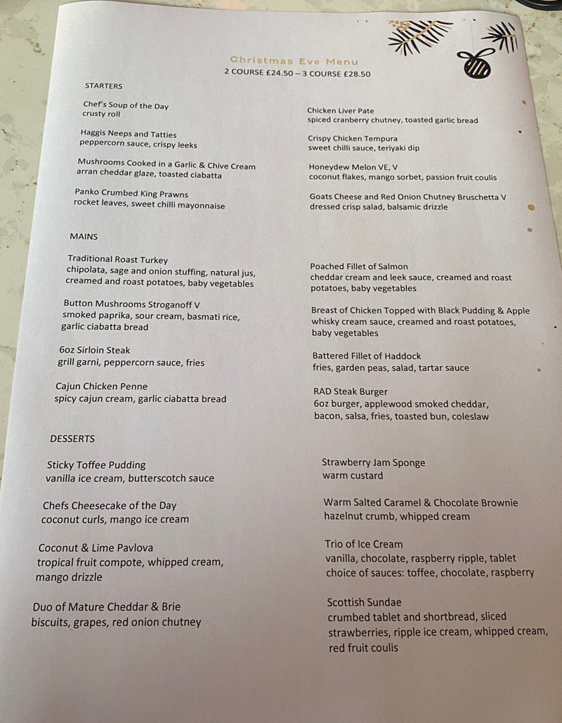 Dalmeny park hotel Barrhead Christmas food menu 