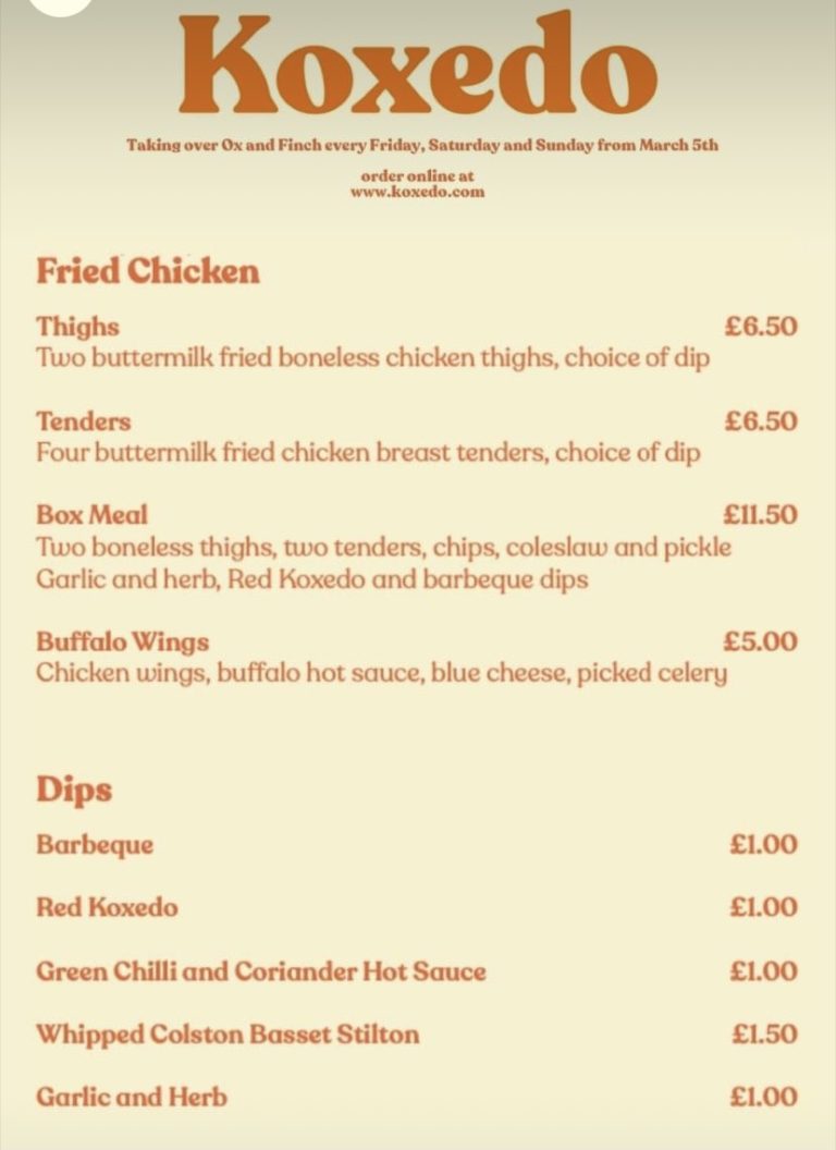 Koxedo Glasgow fried chicken menu 