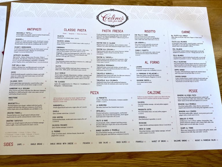 Celinos dennistoun Glasgow Menu