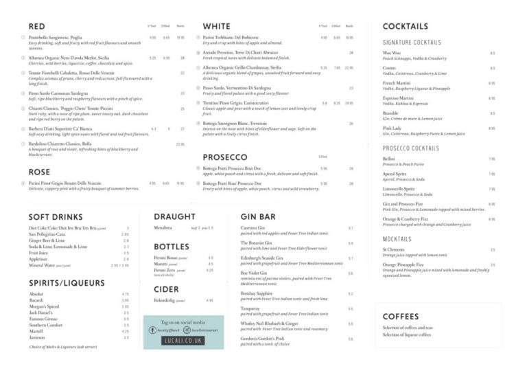 Lucali by Andiamo Giffnock - drinks menu
