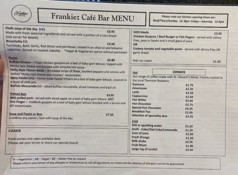 frankiez cafe bar barrhead menu