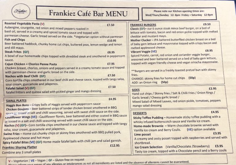 frankiez cafe bar barrhead menu