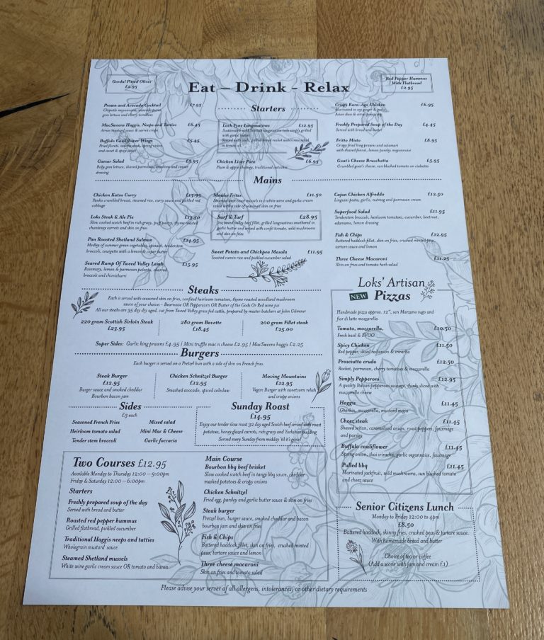 Food menu at Loks bar and kitchen shawlands 