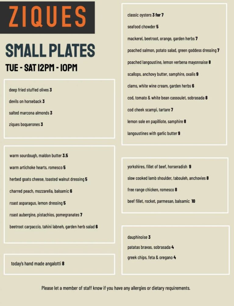 ziques west end glasgow small plates menu