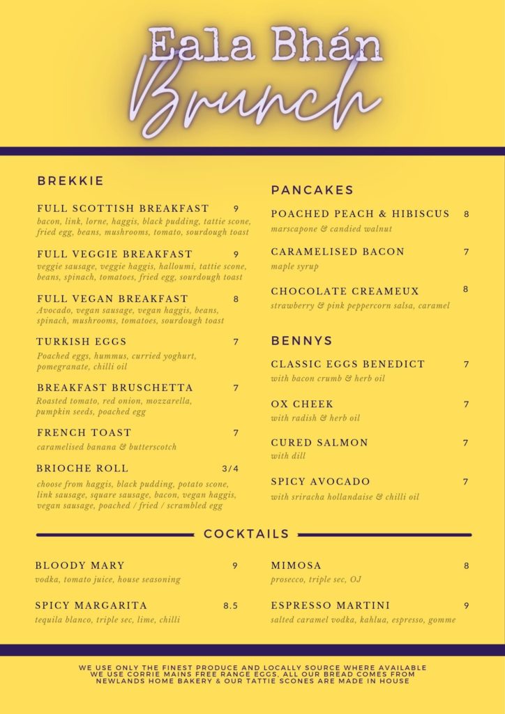 Eala Bhán pollokshaws brunch menu 