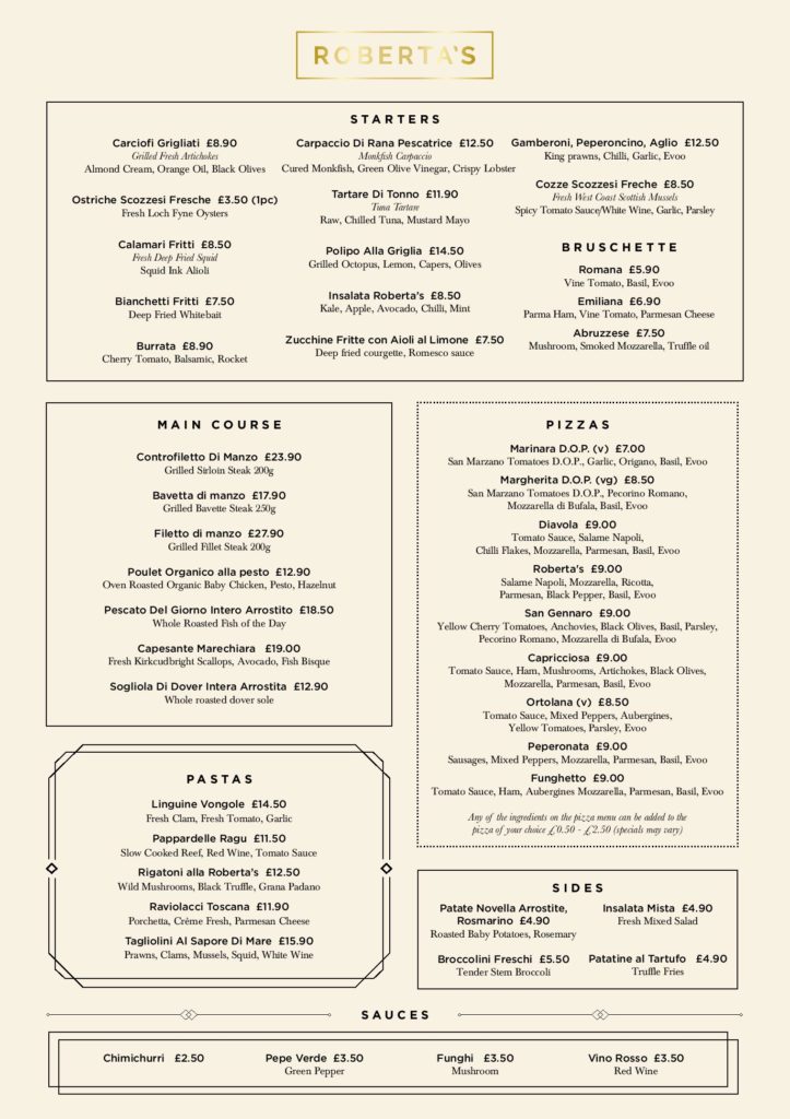 Roberta’s Glasgow Menu