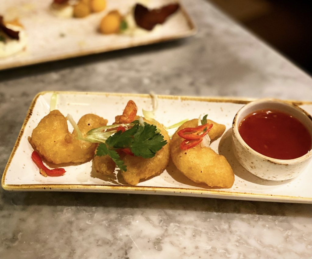 Chilli tempura prawns, spring onion, coriander, sweet chilli