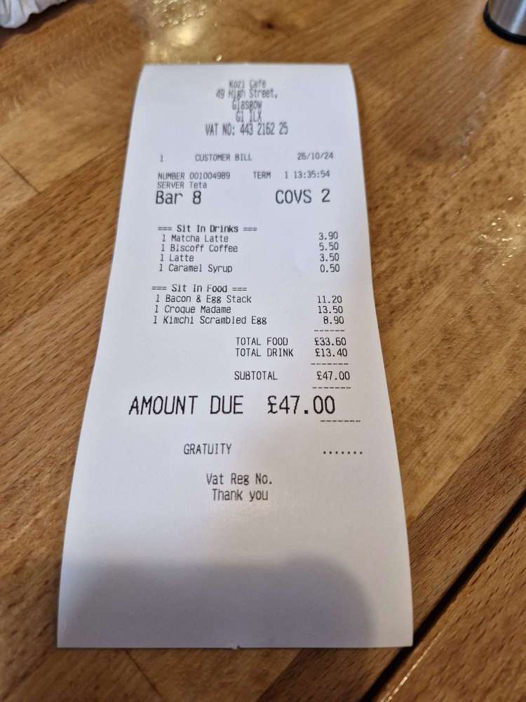 kozi cafe high street glasgow receipt