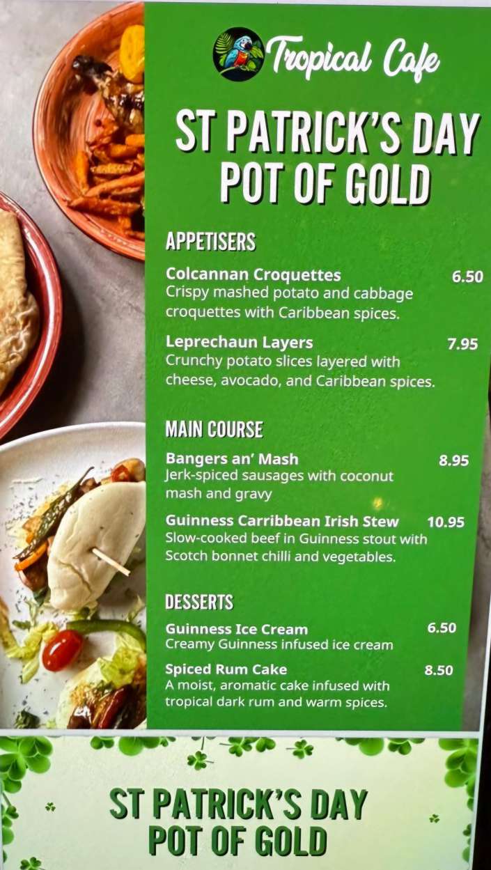 st patricks menu at Tropical Cafe glasgow