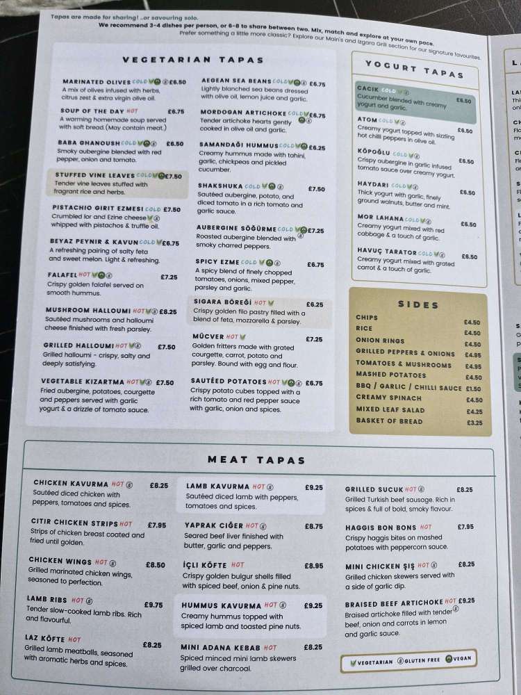 Laz Turkish Tapas, Bath Street, Glasgow menu