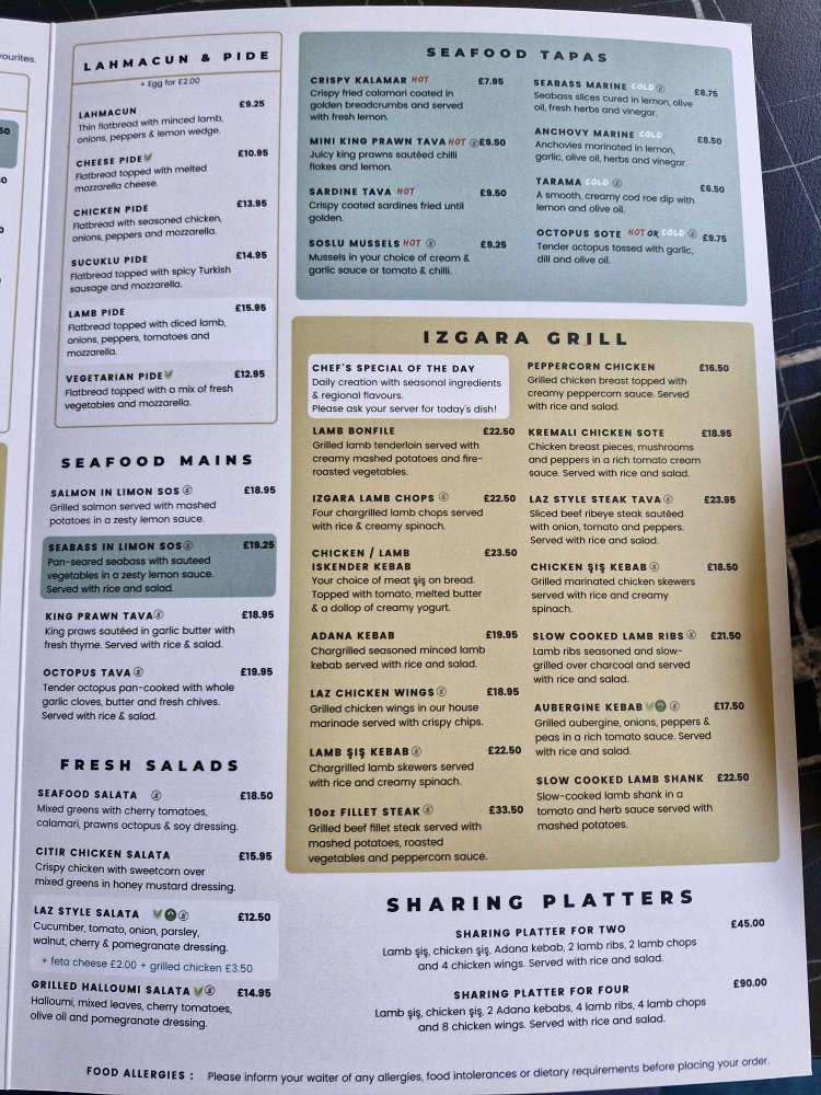 Laz Turkish Tapas, Bath Street, Glasgow menu