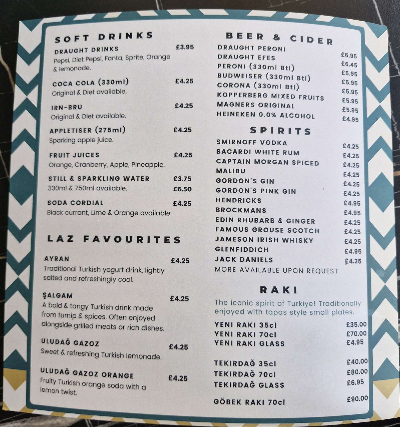 Laz Turkish Tapas, Bath Street, Glasgow drinks menu 