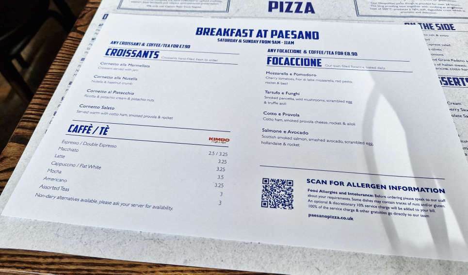 brrakfast at paesano shawlands Glasgow menu