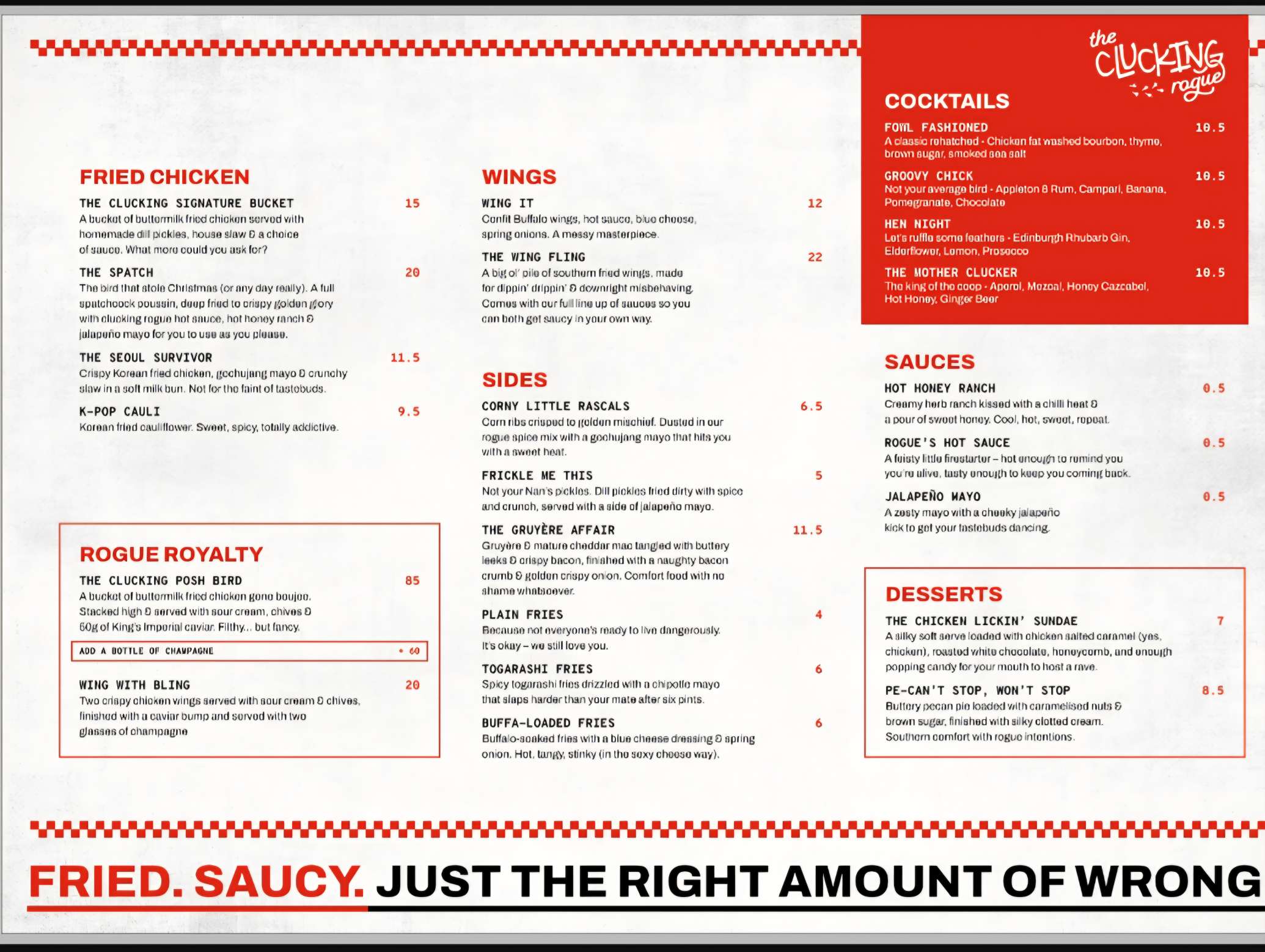 Menu at The Clucking Rogue