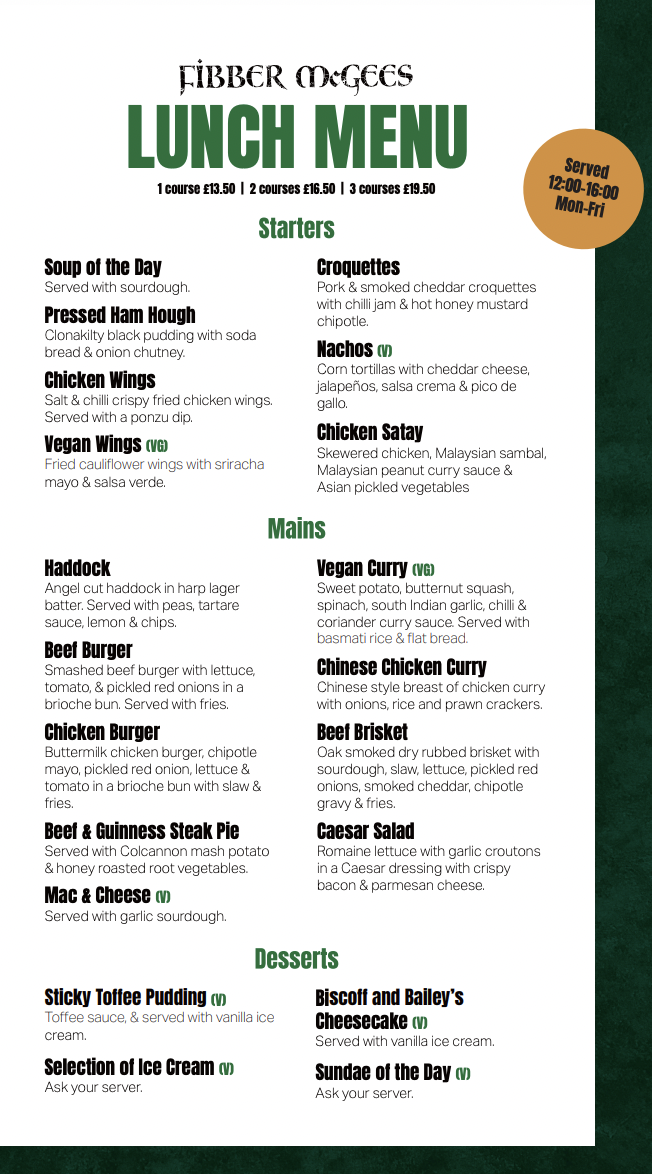 Fibber McGee Coatbridge Lunch Menu