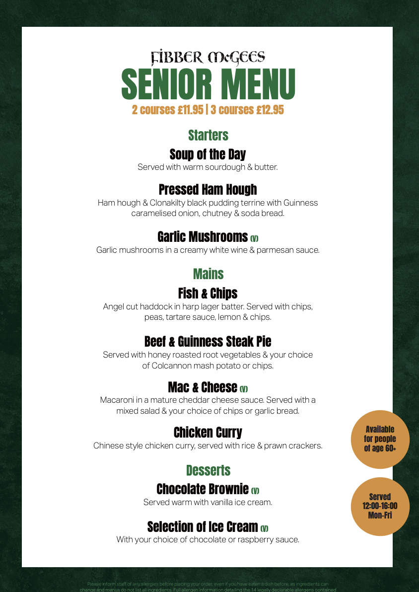 Fibber McGee Coatbridge Senior Menu