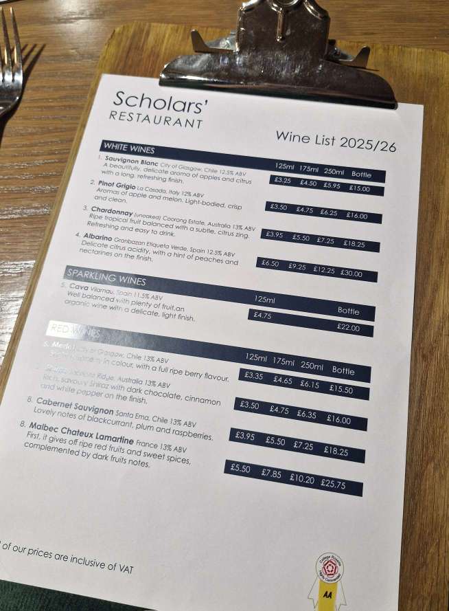 Budget lunch in Glasgow drinks menu at Scholars' Restaurant