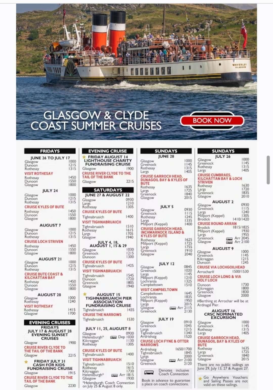 Waverley 2026 Clyde Coast Sailing Dates