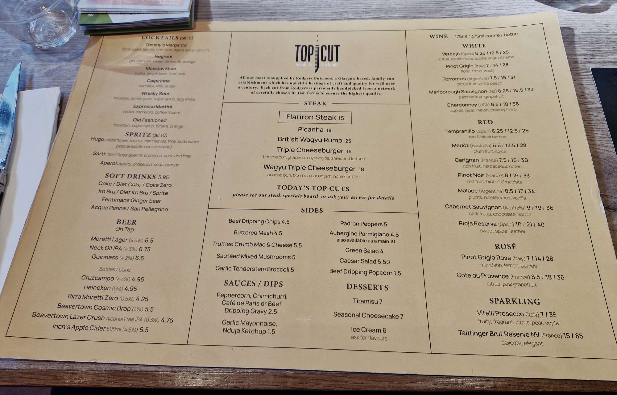 Top Cut Glasgow Review drinks menu