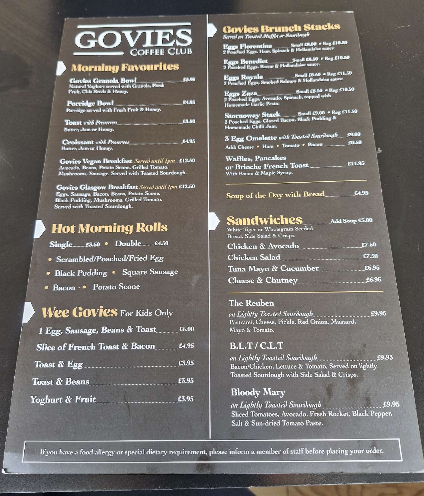 menu Govies Coffee Club on Carmunnock Road in Glasgow