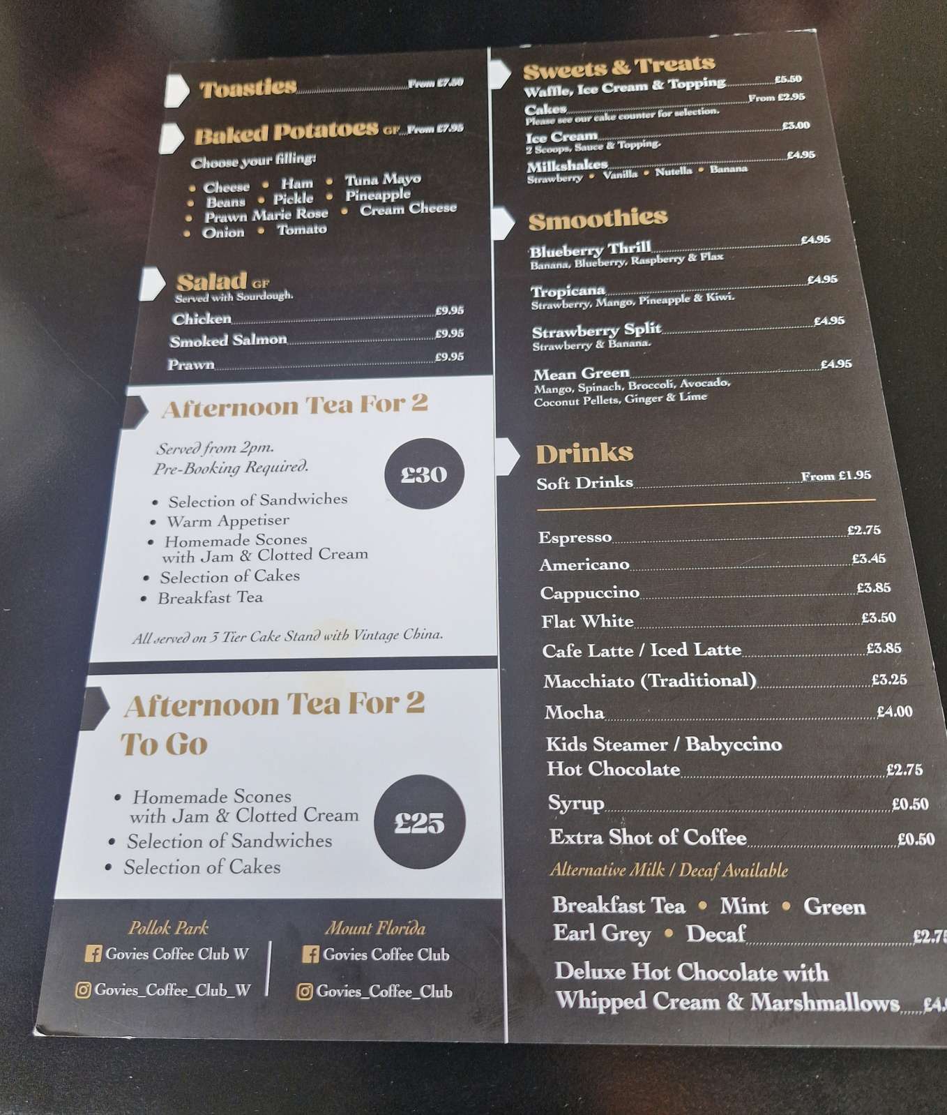 menu Govies Coffee Club on Carmunnock Road in Glasgow