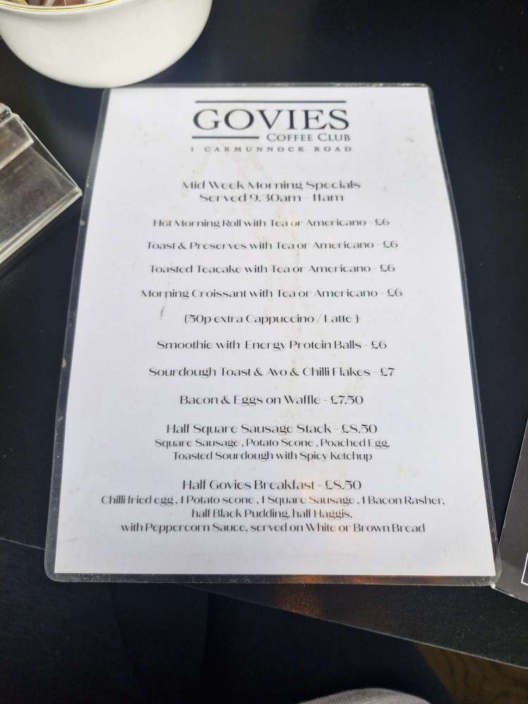 menu Govies Coffee Club on Carmunnock Road in Glasgow